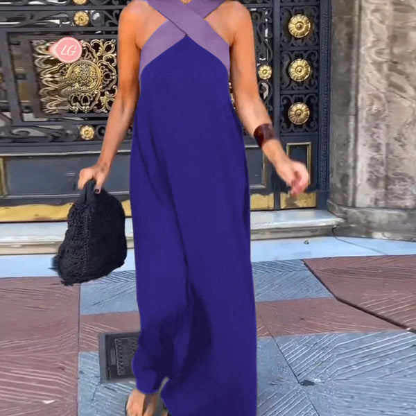 Cross Halter Neck Sleeveless Stitching Dress