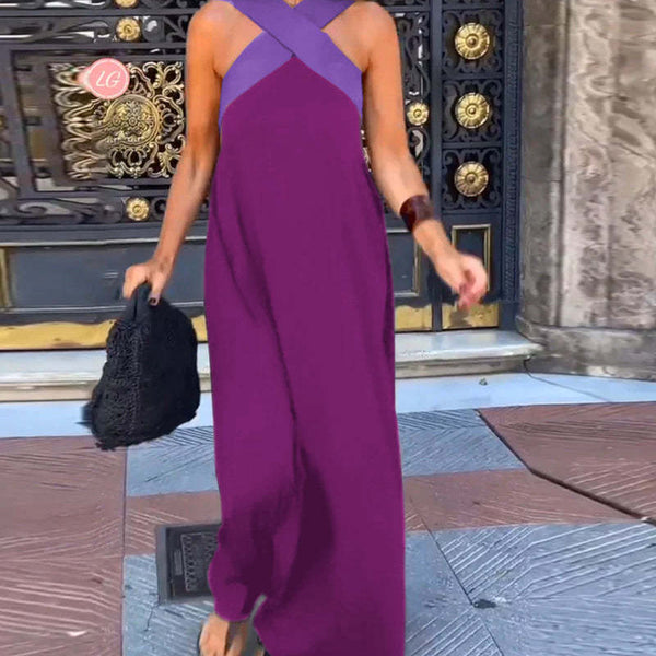 Cross Halter Neck Sleeveless Stitching Dress