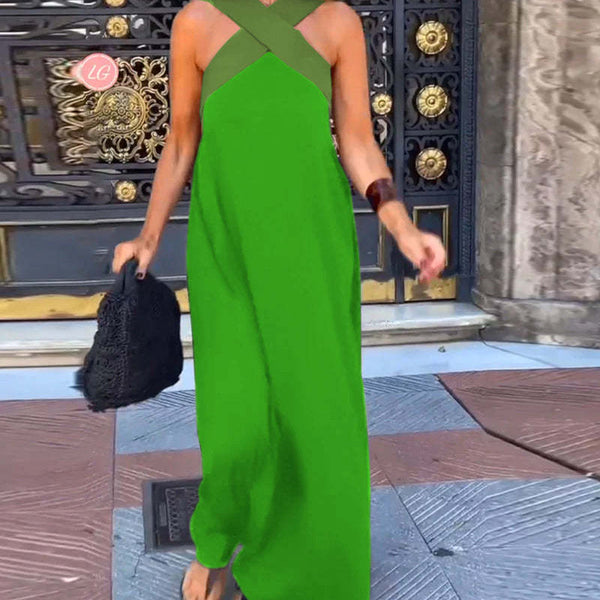 Cross Halter Neck Sleeveless Stitching Dress