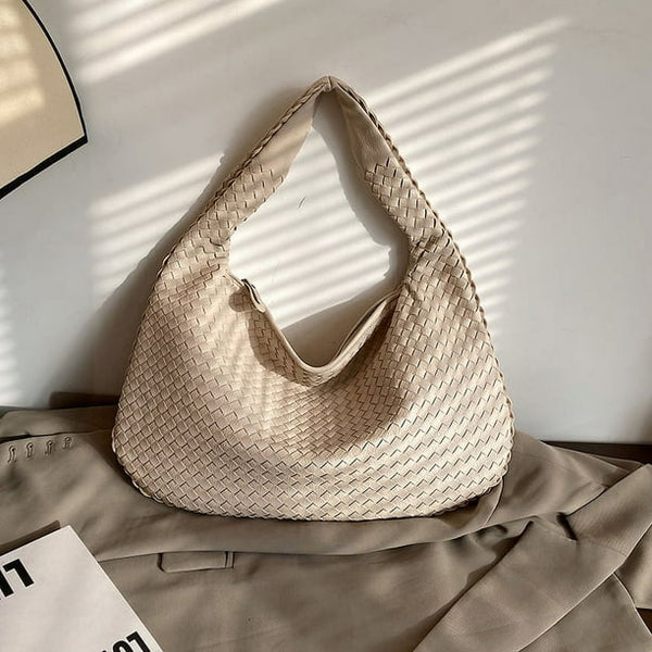 Woven Leather Underarm Shoulder Bag – High-Quality Cowhide Tote with Zipper Closure